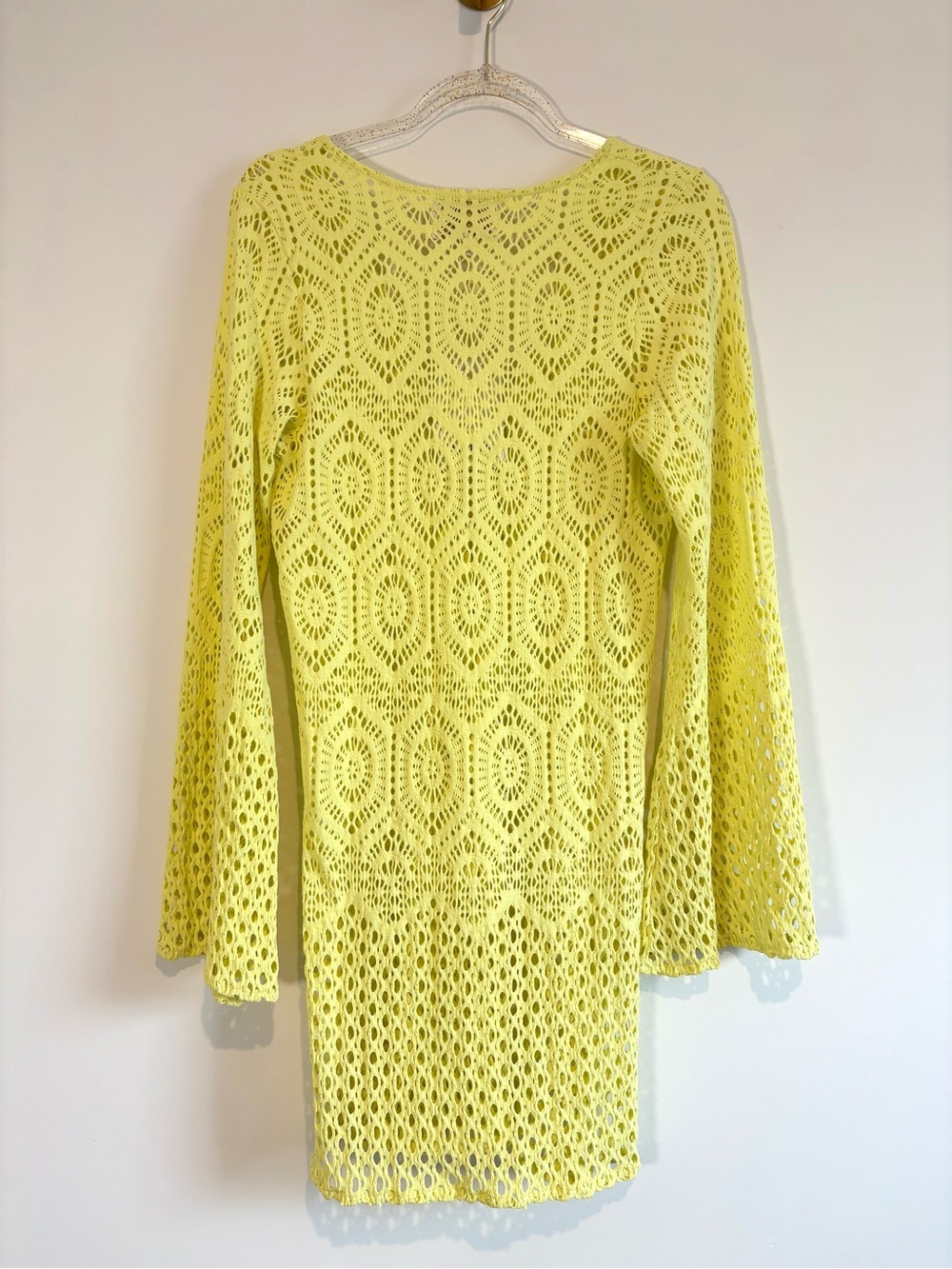 Empress Brasil NWT Short Sixty Yellow Lace Bell Sleeve Ring Cover Up Dress Large - Picture 11 of 12